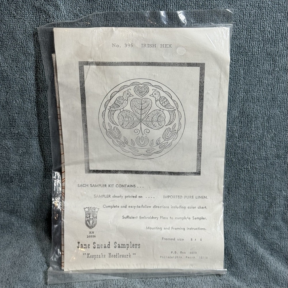 Vintage Jane Snead Samplers Linen Needlework Embroidery Kit #395 Irish Hex 8"x8"